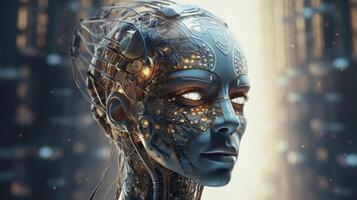 Cyborg on digital background represent artificial intelligence. photo