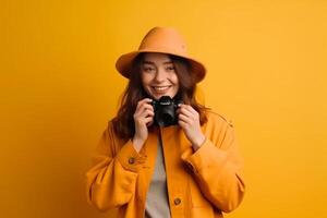 Young beautiful girl in a yellow coat and orange hat with a camera on a yellow background photo