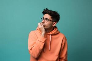 a Young man thinking an idea while looking up photo