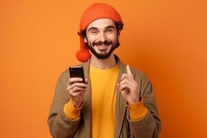 Cheerful young man in hat and sweater using mobile phone isolated over orange background photo