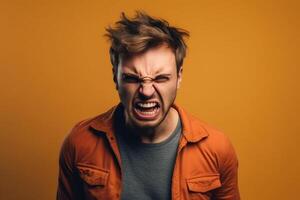 a man on solid color background photoshoot with Anger face experession photo