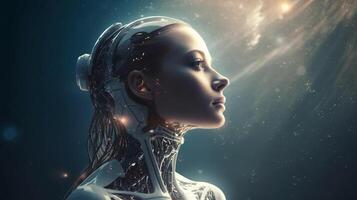 Cyborg with glowing brain. Artificial intelligence concept. photo
