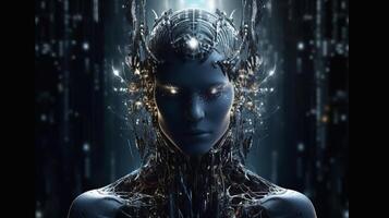 Cyborg on digital background represent artificial intelligence. photo