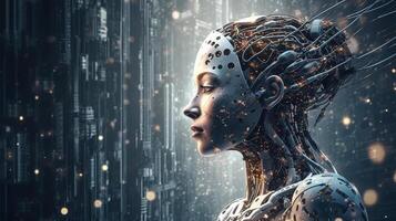 Cyborg on digital background represent artificial intelligence. photo