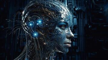 Cyborg on digital background represent artificial intelligence. photo