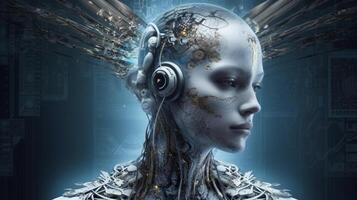 Cyborg with glowing brain. Artificial intelligence concept. photo