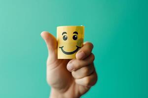 Smiling emoticon on wooden cube in hand isolated on green background photo