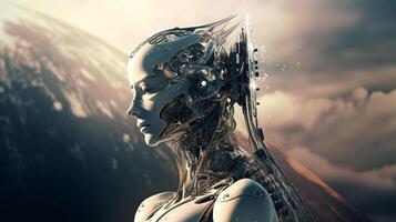 Cyborg with glowing brain. Artificial intelligence concept. photo