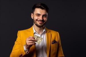 happy young businessman holding dollar banknotes and looking at camera photo