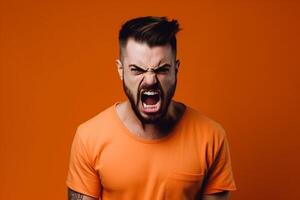 a man on solid color background photoshoot with Anger face experession photo