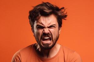 a man on solid color background photoshoot with Anger face experession photo