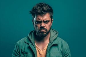 a man on solid color background photoshoot with Anger face experession photo