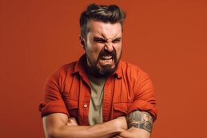 a man on solid color background photoshoot with Anger face experession photo