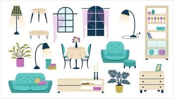 Set of Home furniture.Modern living room.  Cozy house interior.  Armchair, house plants, sofa, coffee tables, floor lamp, . Trendy indoor template. Vector flat cartoon illustration