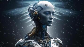 Cyborg with glowing brain. Artificial intelligence concept. photo
