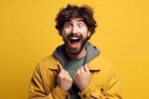 A man with a surprised expression is holding a phone in his hands. photo