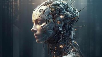 Cyborg on digital background represent artificial intelligence. photo