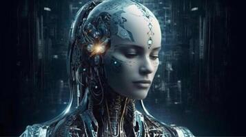 Cyborg with glowing brain. Artificial intelligence concept. photo