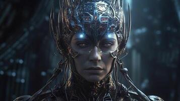 Cyborg with glowing brain. Artificial intelligence concept. photo