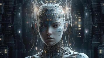 Cyborg on digital background represent artificial intelligence. photo