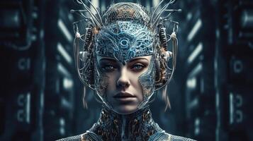 Cyborg on digital background represent artificial intelligence. photo
