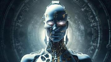 Cyborg with glowing brain. Artificial intelligence concept. photo