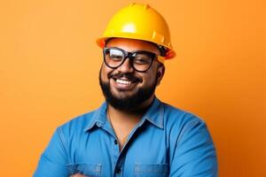 ai generativo retrato de un joven trabajador en un casco de seguridad foto