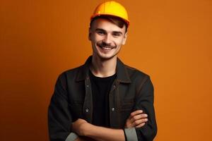 ai generativo retrato de un joven trabajador en un casco de seguridad foto