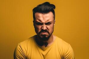 a man on solid color background photoshoot with Anger face experession photo