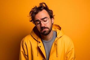 a man on solid color background photoshoot with Disgust face experession photo