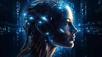 Cyborg with glowing brain. Artificial intelligence concept. photo