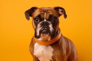 Portrait of a cute dog with orange collar on solid background photo