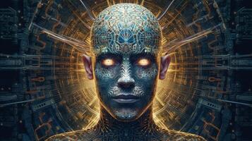 Cyborg on digital background represent artificial intelligence. photo
