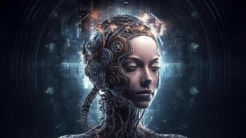 Cyborg on digital background represent artificial intelligence. photo