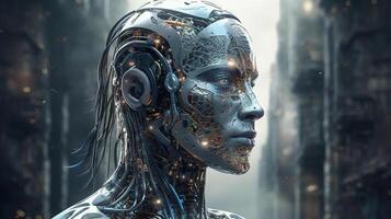 Cyborg on digital background represent artificial intelligence. photo