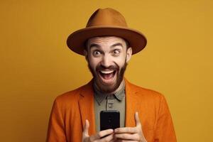 A man with a surprised expression is holding a phone in his hands. photo