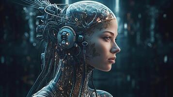 Cyborg on digital background represent artificial intelligence. photo