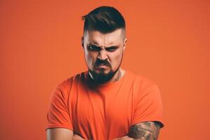 a man on solid color background photoshoot with Anger face experession photo