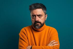 a man on solid color background photoshoot with Disgust face experession photo