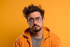 a man on solid color background photoshoot with Disgust face experession photo