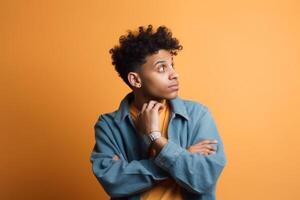 a Young man thinking an idea while looking up photo