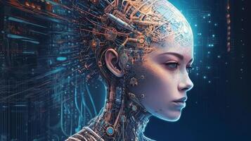 Cyborg on digital background represent artificial intelligence. photo