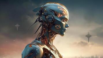 Cyborg on digital background represent artificial intelligence. photo