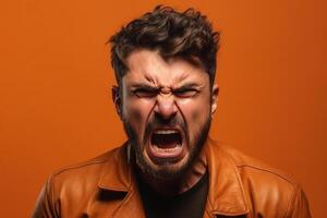 a man on solid color background photoshoot with Anger face experession photo