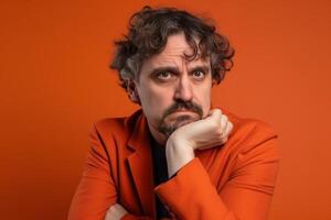 a man on solid color background photoshoot with Disgust face experession photo