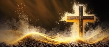 The faith cross and splashing sand with . photo