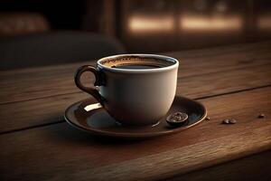 illustration of a metal little cup of espresso coffee on a wooden table, bar background, photo