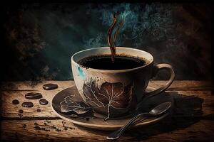 illustration of a painted little cup of espresso coffee on a wooden table, with coffee beans and tea spoon, photo