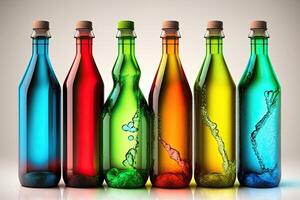 illustration of colored glass water bottles, white background photo