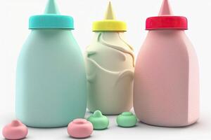 ilustración de multicolor bebé botella de yogur en blanco fondo, ai generado foto